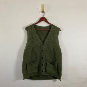 Olive Green Knit Sweater Vest Button Up V-Neck Pockets Cottagecore Academia